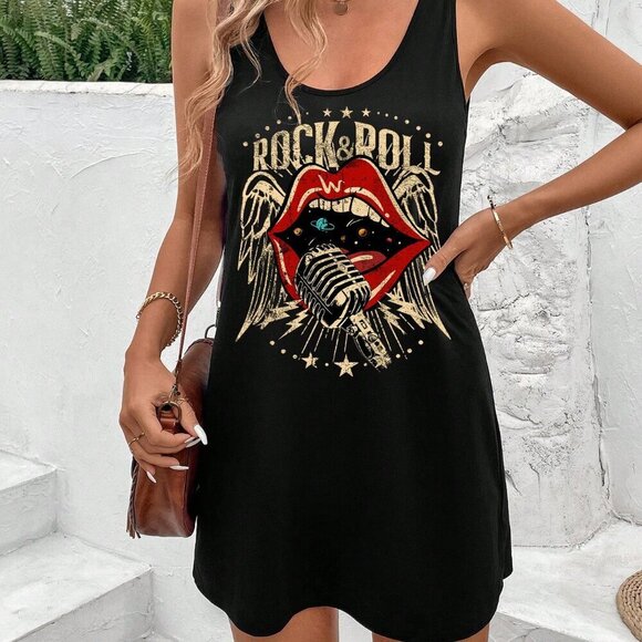 Black Casual Women's Rock Lip Pattern Minimalist Round Neck Plus Size Tank Dress - Picture 4 of 4